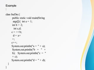 Example
:
class IncDec{
public static void main(String
args[]){ int a = 1;
int b = 2;
int c,d;
c = ++b;
d = a+
+;
c++;
System.out.println("a = " + a);
System.out.println("b = " +
b); System.out.println("c = "
+ c);
System.out.println("d = " + d);
}
}
 
