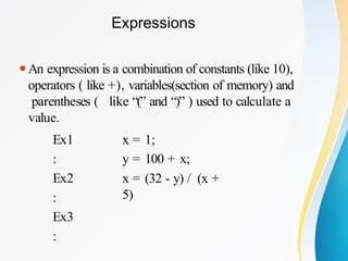 Expressions
⚫An expression is a combination of constants (like 10),
operators ( like +), variables(section of memory) and
parentheses ( like “(” and “)” ) used to calculate a
value.
Ex1
:
Ex2
:
Ex3
:
x = 1;
y = 100 + x;
x = (32 - y) / (x +
5)
 
