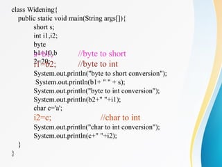 class Widening{
public static void main(String args[]){
short s;
int i1,i2;
byte
b1=10,b
2=20;
s=b1;
i1=b2;
//byte to short
//byte to int
System.out.println("byte to short conversion");
System.out.println(b1+ " " + s);
System.out.println("byte to int conversion");
System.out.println(b2+" "+i1);
char c='a';
i2=c; //char to int
System.out.println("char to int conversion");
System.out.println(c+" "+i2);
}
}
 