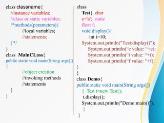 class classname{
//instance variables;
//class or static variables;
/*methods(parameters){
//local variables;
//statements;
}*/
}
class MainCLass{
public static void main(String args[])
{
//object creation
//invoking methods
//statements
}
}
class
Test{ char
c='a'; static
float f;
void display(){
int i=10;
System.out.println("Test:display()");
System.out.println(“c value: “+c);
System.out.println(“i value: “+i);
System.out.println(“f value: “+f);
}
}
class Demo{
public static void main(String args[])
{ Test t=new Test();
t.display();
System.out.println("Demo:main()");
}
}
 