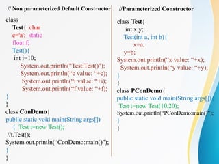 class Test{
int x,y;
Test(int a, int b){
x=a;
y=b;
System.out.println(“x value: “+x);
System.out.println(“y value: “+y);
}
}
class PConDemo{
public static void main(String args[]){
Test t=new Test(10,20);
System.out.println(“PConDemo:main()");
}
}
//Parameterized Constructor
// Non parameterized Default Constructor
class
Test{ char
c='a'; static
float f;
Test(){
int i=10;
System.out.println("Test:Test()");
System.out.println(“c value: “+c);
System.out.println(“i value: “+i);
System.out.println(“f value: “+f);
}
}
class ConDemo{
public static void main(String args[])
{ Test t=new Test();
//t.Test();
System.out.println(“ConDemo:main()");
}
}
 