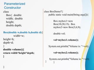 class
Box{ double
width; double
height;
double depth;
Box(double w,double h,double d){
width=w;
height=h;
depth=d;
}
double volume(){
return width*height*depth;
}
}
class BoxDemo7{
public static void main(String args[]){
Box mybox1=new
Box(10,20,15); Box
mybox2=new Box(3,6,9);
double vol;
vol=mybox1.volume();
System.out.println("Volume is: "+vol);
vol=mybox2.volume();
System.out.println("Volume is: "+vol);
}
}
Parameterized
Constructor
 