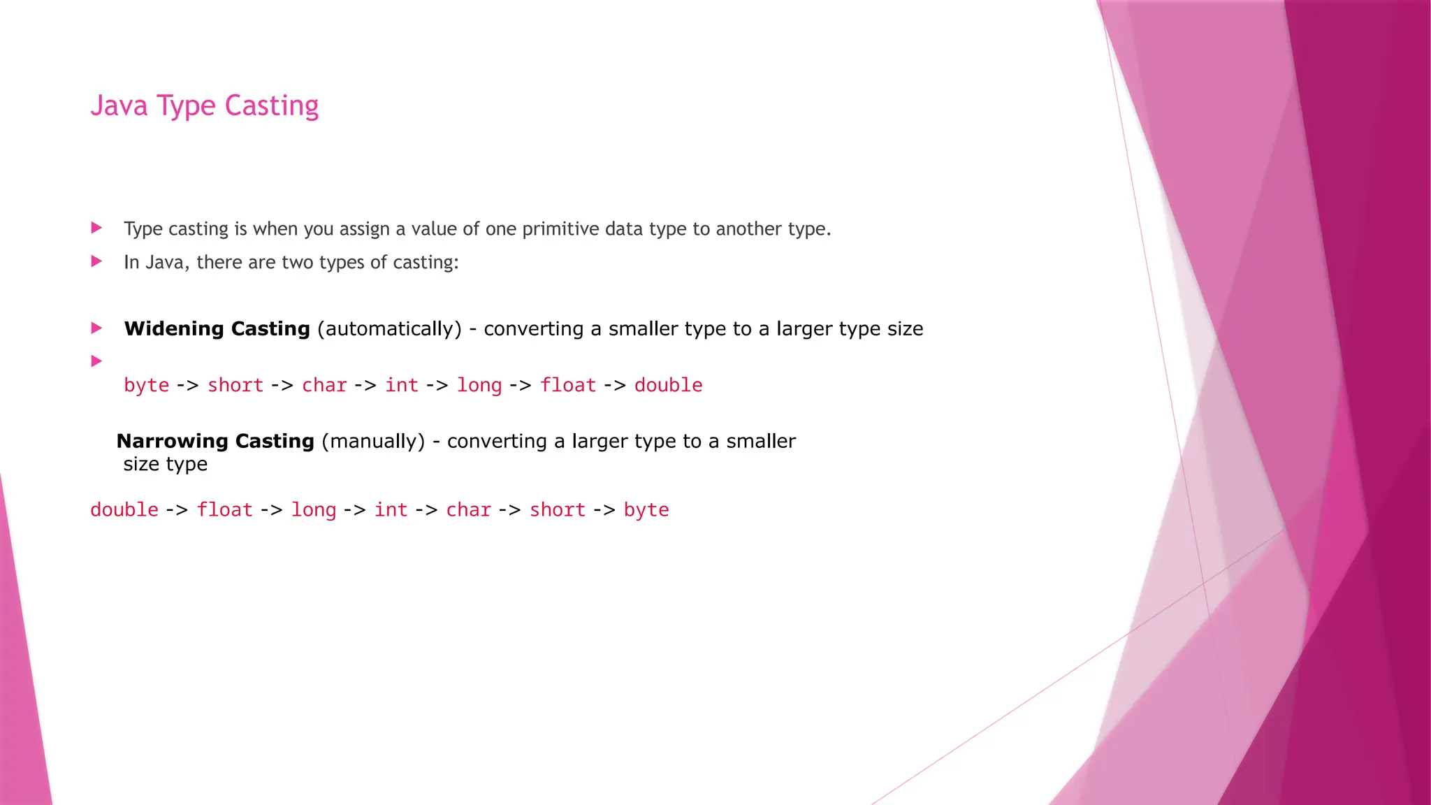Java Type Casting
 Type casting is when you assign a value of one primitive data type to another type.
 In Java, there are two types of casting:
 Widening Casting (automatically) - converting a smaller type to a larger type size

byte -> short -> char -> int -> long -> float -> double
Narrowing Casting (manually) - converting a larger type to a smaller
size type
double -> float -> long -> int -> char -> short -> byte
 