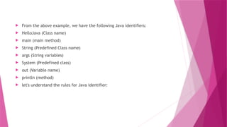  From the above example, we have the following Java identifiers:
 HelloJava (Class name)
 main (main method)
 String (Predefined Class name)
 args (String variables)
 System (Predefined class)
 out (Variable name)
 println (method)
 let's understand the rules for Java identifier:
 
