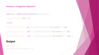 Example 2: Assignment Operators
class Main { public static void main(String[] args) {
// create variables int a = 4;
int var;
// assign value using = var = a; System.out.println("var using =: " + var);
// assign value using =+ var += a; System.out.println("var using +=: " + var);
// assign value using =* var *= a; System.out.println("var using *=: " + var); } }
Output
var using =: 4
var using +=: 8 var using *=: 32
 