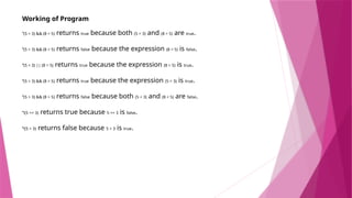 Working of Program
•(5 > 3) && (8 > 5) returns true because both (5 > 3) and (8 > 5) are true.
•(5 > 3) && (8 < 5) returns false because the expression (8 < 5) is false.
•(5 < 3) || (8 > 5) returns true because the expression (8 > 5) is true.
•(5 > 3) && (8 > 5) returns true because the expression (5 > 3) is true.
•(5 > 3) && (8 > 5) returns false because both (5 < 3) and (8 < 5) are false.
•!(5 == 3) returns true because 5 == 3 is false.
•!(5 > 3) returns false because 5 > 3 is true.
 