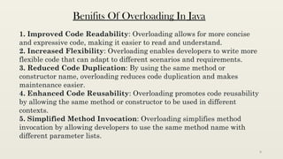 8
Benifits Of Overloading In Java
1. Improved Code Readability: Overloading allows for more concise
and expressive code, making it easier to read and understand.
2. Increased Flexibility: Overloading enables developers to write more
flexible code that can adapt to different scenarios and requirements.
3. Reduced Code Duplication: By using the same method or
constructor name, overloading reduces code duplication and makes
maintenance easier.
4. Enhanced Code Reusability: Overloading promotes code reusability
by allowing the same method or constructor to be used in different
contexts.
5. Simplified Method Invocation: Overloading simplifies method
invocation by allowing developers to use the same method name with
different parameter lists.
 