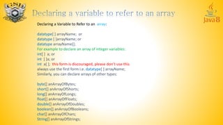 Declaring a Variable to Refer to an array:
datatype[ ] arrayName; or
datatype [ ]arrayName; or
datatype arrayName[];
For example to declare an array of integer variables:
int[ ] a; or
int [ ]a; or
int a[ ]; this form is discouraged, please don’t use this
always use the first form i.e. datatype[ ] arrayName;
Similarly, you can declare arrays of other types:
byte[] anArrayOfBytes;
short[] anArrayOfShorts;
long[] anArrayOfLongs;
float[] anArrayOfFloats;
double[] anArrayOfDoubles;
boolean[] anArrayOfBooleans;
char[] anArrayOfChars;
String[] anArrayOfStrings;
 