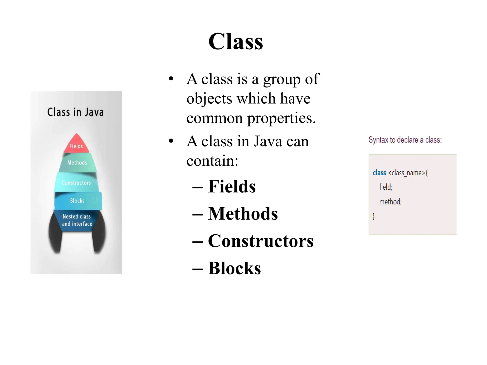 Class
• A class is a group of
objects which have
common properties.
• A class in Java can
contain:
– Fields
– Methods
– Constructors
– Blocks
 