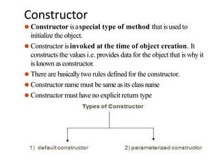 Constructor
⚫ Constructor isaspecial type of method that isused to
initialize the object.
⚫ Constructor isinvoked at the time of object creation. It
constructs the values i.e. provides data for the object that is why it
is known asconstructor.
⚫ There are basicallytwo rules defined for the constructor.
⚫ Constructor name must be same asits classname
⚫ Constructor must haveno explicit return type
 
