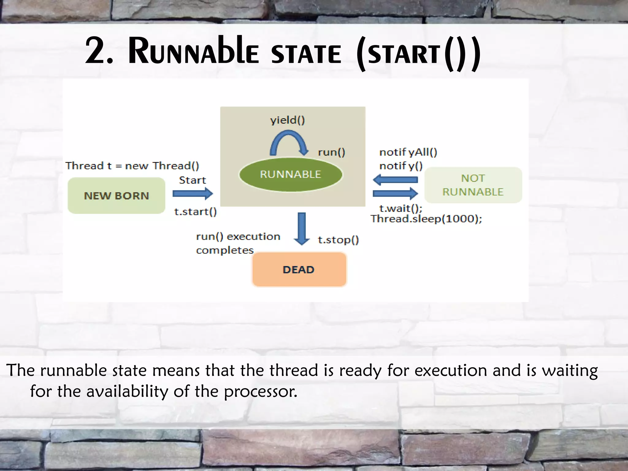 2. Runnable state (start()) The runnable state means that the thread is ready for execution and is waiting for the availability of the processor. 