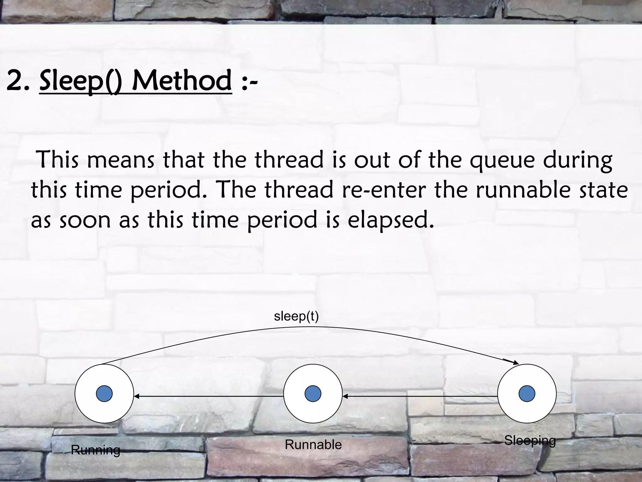 2. Sleep() Method :- This means that the thread is out of the queue during this time period. The thread re-enter the runnable state as soon as this time period is elapsed. Running Runnable Sleeping sleep(t) 