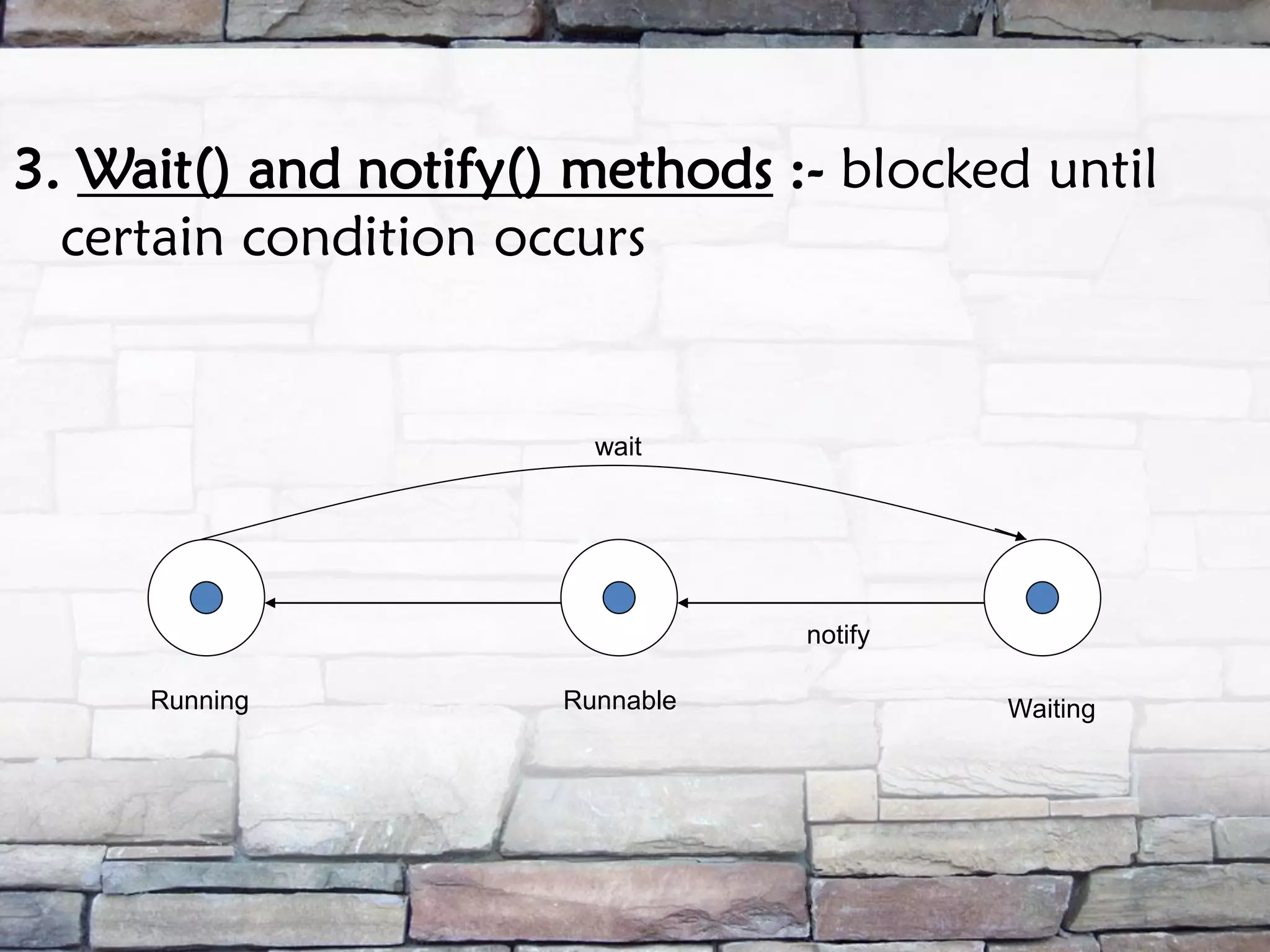 3. Wait() and notify() methods :- blocked until certain condition occurs Running Runnable Waiting wait notify 