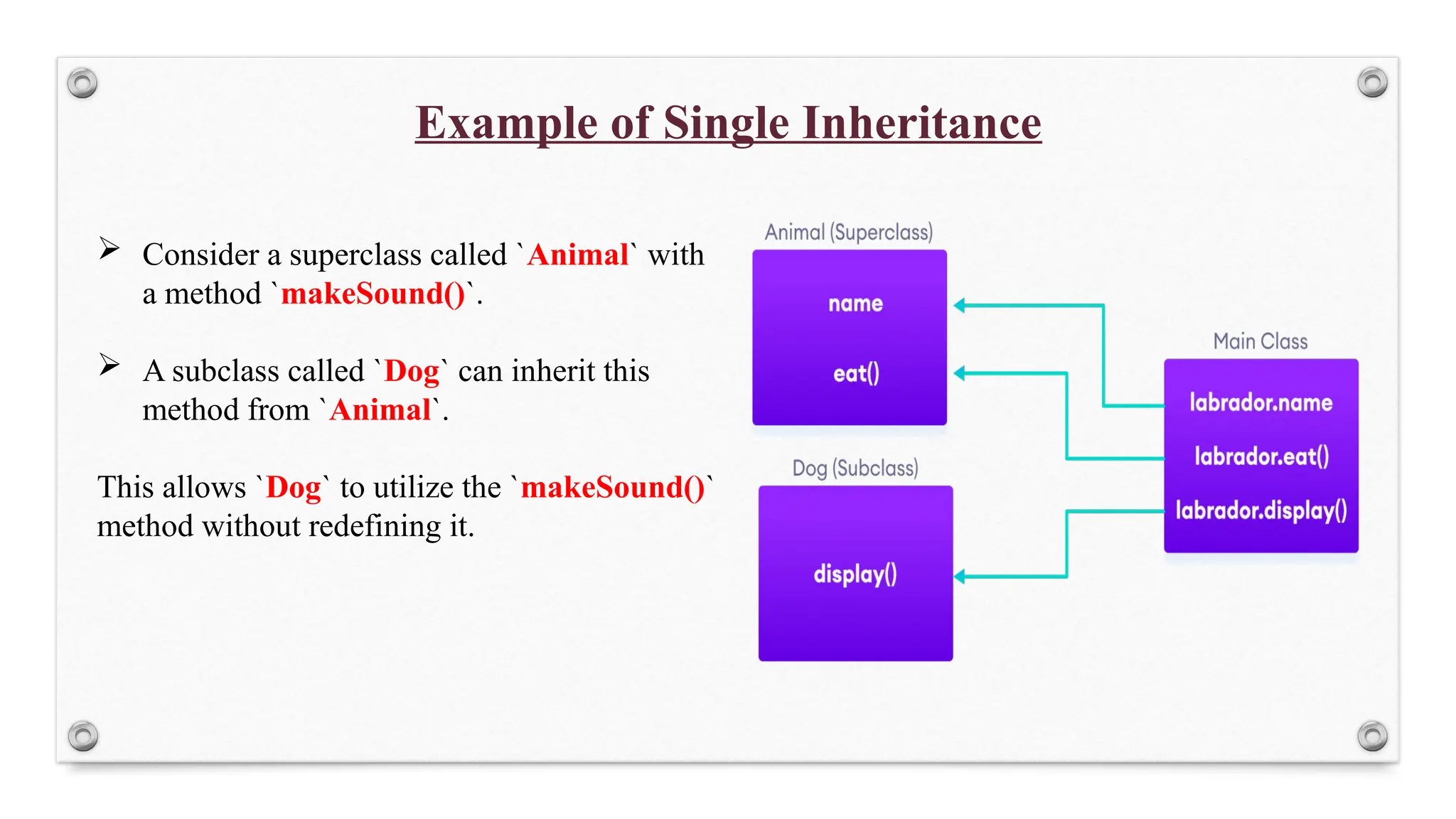 Example of Single Inheritance
 Consider a superclass called `Animal` with
a method `makeSound()`.
 A subclass called `Dog` can inherit this
method from `Animal`.
This allows `Dog` to utilize the `makeSound()`
method without redefining it.
 