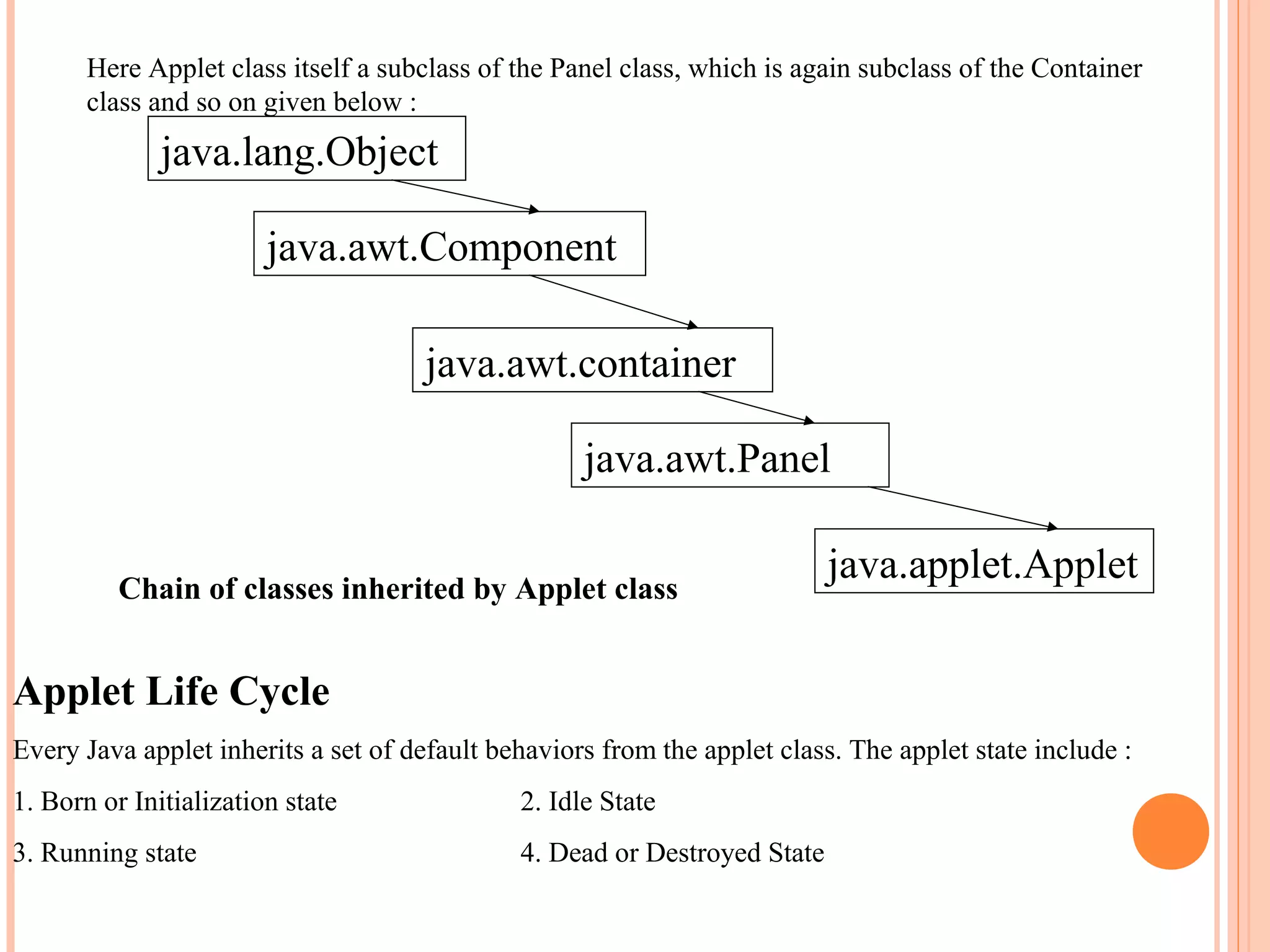 Here Applet class itself a subclass of the Panel class, which is again subclass of the Container
class and so on given below :

java.lang.Object
java.awt.Component
java.awt.container
java.awt.Panel
Chain of classes inherited by Applet class

java.applet.Applet

Applet Life Cycle
Every Java applet inherits a set of default behaviors from the applet class. The applet state include :
1. Born or Initialization state

2. Idle State

3. Running state

4. Dead or Destroyed State

 