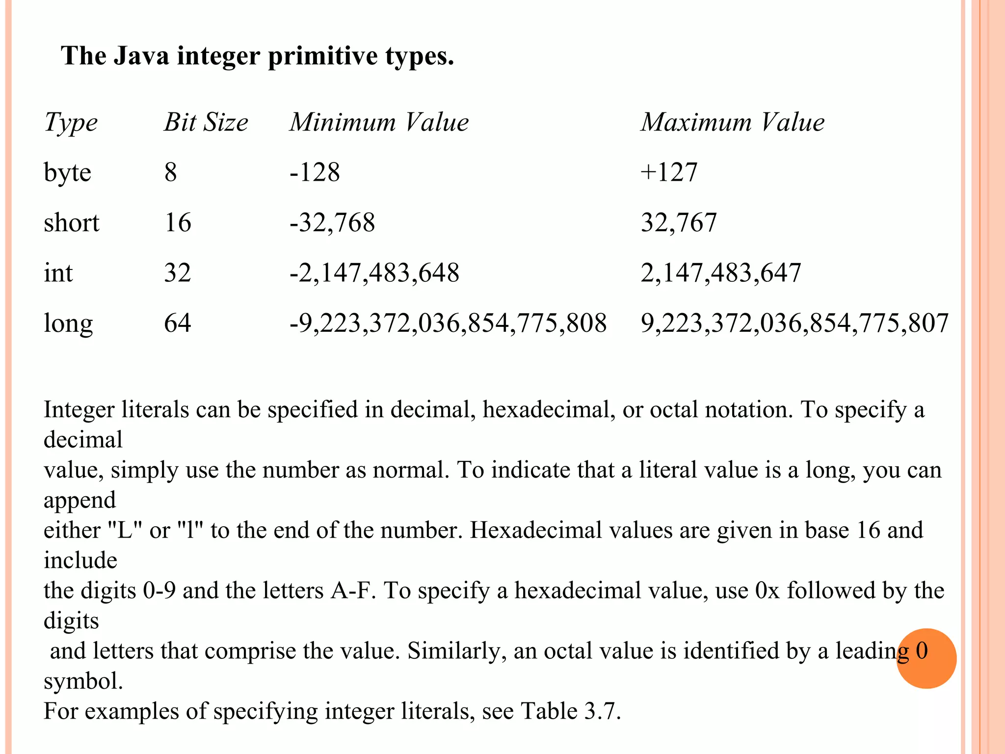 The Java integer primitive types.
Type

Bit Size

Minimum Value

Maximum Value

byte

8

-128

+127

short

16

-32,768

32,767

int

32

-2,147,483,648

2,147,483,647

long

64

-9,223,372,036,854,775,808

9,223,372,036,854,775,807

Integer literals can be specified in decimal, hexadecimal, or octal notation. To specify a
decimal
value, simply use the number as normal. To indicate that a literal value is a long, you can
append
either "L" or "l" to the end of the number. Hexadecimal values are given in base 16 and
include
the digits 0-9 and the letters A-F. To specify a hexadecimal value, use 0x followed by the
digits
and letters that comprise the value. Similarly, an octal value is identified by a leading 0
symbol.
For examples of specifying integer literals, see Table 3.7.

 