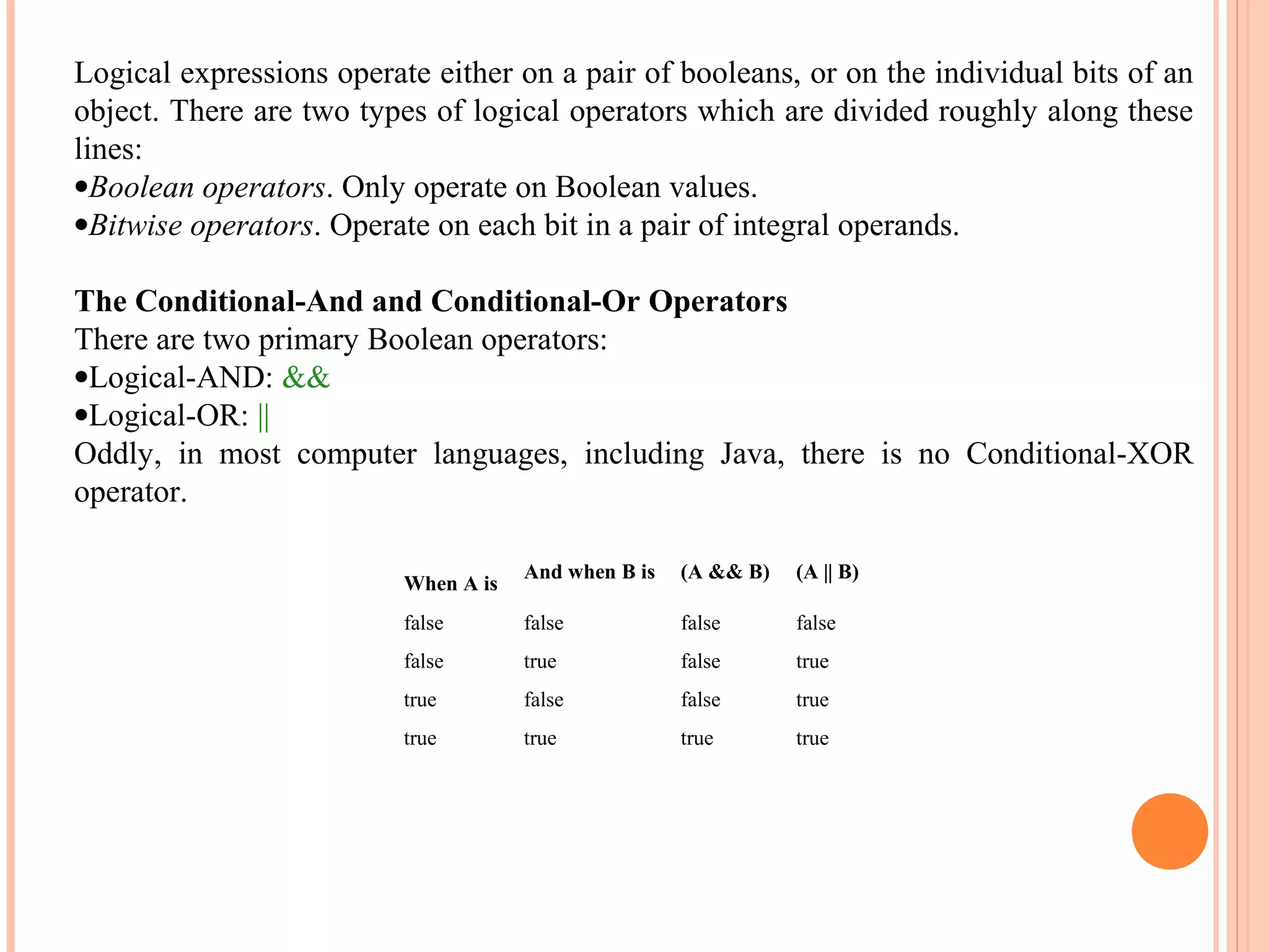 Logical expressions operate either on a pair of booleans, or on the individual bits of an
object. There are two types of logical operators which are divided roughly along these
lines:
•Boolean operators. Only operate on Boolean values.
•Bitwise operators. Operate on each bit in a pair of integral operands.
The Conditional-And and Conditional-Or Operators
There are two primary Boolean operators:
•Logical-AND: &&
•Logical-OR: ||
Oddly, in most computer languages, including Java, there is no Conditional-XOR
operator.
And when B is

(A && B)

(A || B)

false

false

false

false

false

true

false

true

true

false

false

true

true

true

true

true

When A is

 