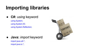 Importing libraries
● C#: using keyword
using System;
using System.IO;
using System.Reflection;
● Java: import keyword
import java.util.*;
import java.io.*;
 