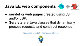 Java EE web components
● servlet or web pages created using JSF
and/or JSP.
● Servlets are Java classes that dynamically
process requests and construct response
 
