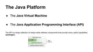 The Java Platform
● The Java Virtual Machine
● The Java Application Programming Interface (API)
The API is a large collection of ready-made software components that provide many useful capabilities
(packages)
 