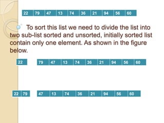 22

79

47

13

74

36

21

94

56

60

To sort this list we need to divide the list into
two sub-list sorted and unsorted, initially sorted list
contain only one element. As shown in the figure
below.
22

22

79

79

47

47

13

13

74

74

36

36

21

21

94

94

56

56

60

60

 
