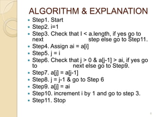 ALGORITHM & EXPLANATION












Step1. Start
Step2. i=1
Step3. Check that I < a.length, if yes go to
next
step else go to Step11.
Step4. Assign ai = a[i]
Step5. j = i
Step6. Check that j > 0 & a[j-1] > ai, if yes go
to
next else go to Step9.
Step7. a[j] = a[j-1]
Step8. j = j-1 & go to Step 6
Step9. a[j] = ai
Step10. increment i by 1 and go to step 3.
Step11. Stop
8

 