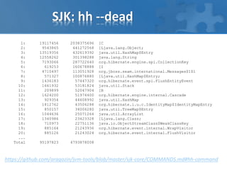 SJK: hh --dead
1: 19117456 2038375696 [C
2: 9543865 441272568 [Ljava.lang.Object;
3: 13519356 432619392 java.util.HashMap$Entry
4: 12558262 301398288 java.lang.String
5: 7193066 287722640 org.hibernate.engine.spi.CollectionKey
6: 619253 160678888 [I
7: 4710497 113051928 org.jboss.seam.international.Messages$1$1
8: 571327 100876880 [Ljava.util.HashMap$Entry;
9: 1436183 57447320 org.hibernate.event.spi.FlushEntityEvent
10: 1661932 53181824 java.util.Stack
11: 209899 52047904 [B
12: 1624200 51974400 org.hibernate.engine.internal.Cascade
13: 929354 44608992 java.util.HashMap
14: 1812762 43506288 org.hibernate.i.u.c.IdentityMap$IdentityMapEntry
15: 850157 34006280 java.util.TreeMap$Entry
16: 1044636 25071264 java.util.ArrayList
17: 1340986 23423328 [Ljava.lang.Class;
18: 710973 22751136 java.io.ObjectStreamClass$WeakClassKey
19: 885164 21243936 org.hibernate.event.internal.WrapVisitor
20: 885126 21243024 org.hibernate.event.internal.FlushVisitor
...
Total 95197823 4793878008
https://github.com/aragozin/jvm-tools/blob/master/sjk-core/COMMANDS.md#hh-command
 