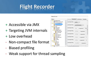 Flight Recorder
+ Accessible via JMX
+ Targeting JVM internals
+ Low overhead
‐ Non-compact file format
‐ Biased profiling
‐ Weak support for thread sampling
 