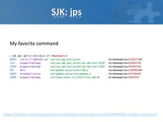 SJK: jps
My favorite command
> sjk jps -pd PID MAIN duser.dir XMaxHeapSize
90543 sjk-0.3.1-SNAPSHOT.jar /var/vas_sdk_test_server -XX:MaxHeapSize=32126271488
5315 WrapperSimpleApp /var/vas_sdk_test_server/vas-sdk-test-13030 -XX:MaxHeapSize=4294967296
11094 WrapperSimpleApp /var/vas_sdk_test_server/vas-sdk-test-13020 -XX:MaxHeapSize=4294967296
993 Main /var/gedoms-uat/private/rtdb_1 -XX:MaxHeapSize=12884901888
56603 AxiomApplication /var/gedoms-uat/private/gedoms_1 -XX:MaxHeapSize=2147483648
24046 WrapperSimpleApp /var/sonar/sonar-3.6.2/bin/linux-x86-64 -XX:MaxHeapSize=536870912
https://github.com/aragozin/jvm-tools/blob/master/sjk-core/COMMANDS.md#jps-command
 