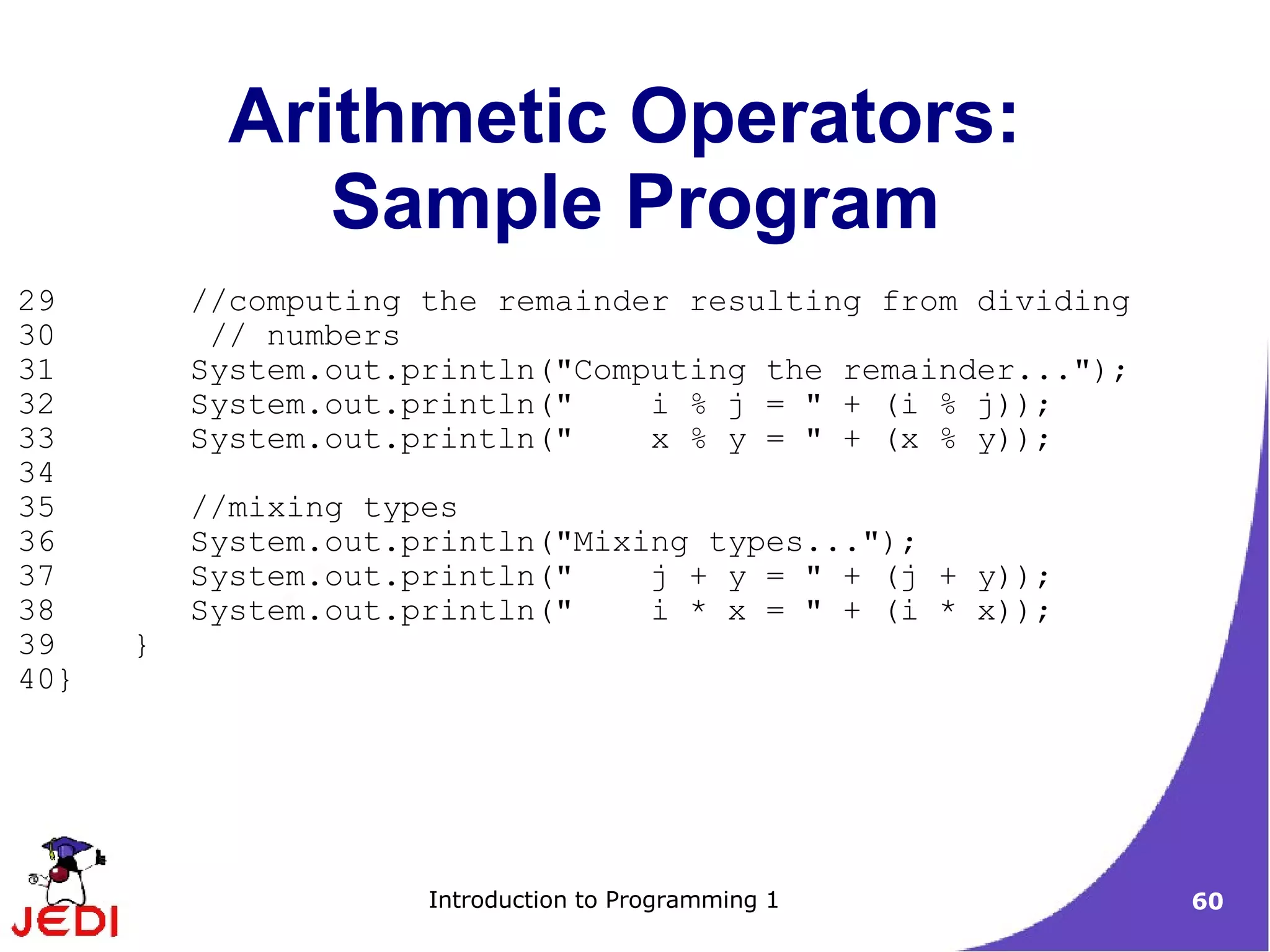 Arithmetic Operators:
              Sample Program
29        //computing the remainder resulting from dividing
30         // numbers
31        System.out.println("Computing the remainder...");
32        System.out.println("    i % j = " + (i % j));
33        System.out.println("    x % y = " + (x % y));
34
35        //mixing types
36        System.out.println("Mixing types...");
37        System.out.println("    j + y = " + (j + y));
38        System.out.println("    i * x = " + (i * x));
39    }
40}




                      Introduction to Programming 1           60
 