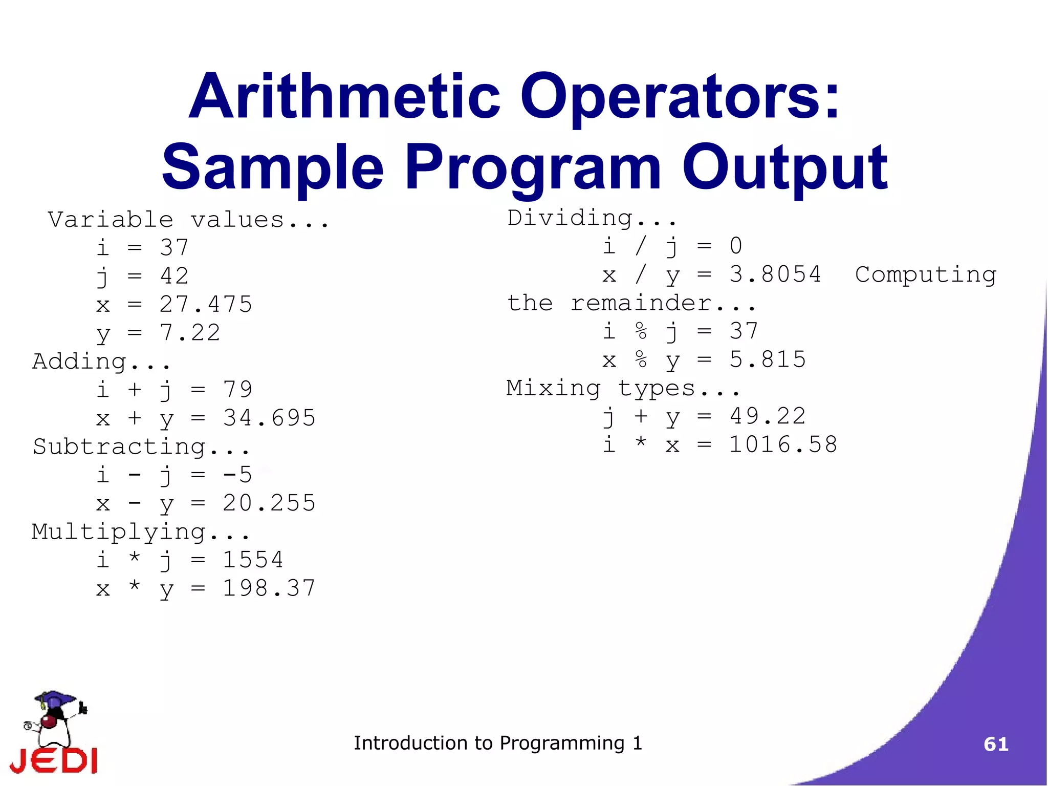 Arithmetic Operators:
        Sample Program Output
 Variable values...                  Dividing...
    i = 37                                 i / j = 0
    j = 42                                 x / y = 3.8054 Computing
    x = 27.475                       the remainder...
    y = 7.22                               i % j = 37
Adding...                                  x % y = 5.815
    i + j = 79                       Mixing types...
    x + y = 34.695                         j + y = 49.22
Subtracting...                             i * x = 1016.58
    i - j = -5
    x - y = 20.255
Multiplying...
    i * j = 1554
    x * y = 198.37




                      Introduction to Programming 1               61
 