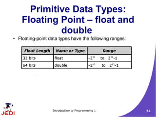 Primitive Data Types:
     Floating Point – float and
              double
●   Floating-point data types have the following ranges:




                    Introduction to Programming 1          42
 