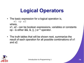 Logical Operators
●   The basic expression for a logical operation is,
        x1 op x2
    where,
    x1, x2 - can be boolean expressions, variables or constants
    op - is either &&, &, ||, | or ^ operator.

●   The truth tables that will be shown next, summarize the
    result of each operation for all possible combinations of x1
    and x2.




                     Introduction to Programming 1                 74
 