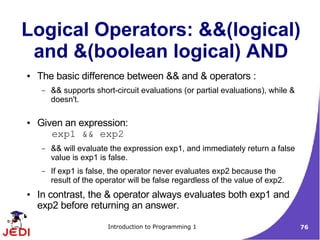 Logical Operators: &&(logical)
 and &(boolean logical) AND
●   The basic difference between && and & operators :
     –   && supports short-circuit evaluations (or partial evaluations), while &
         doesn't.

●   Given an expression:
       exp1 && exp2
     –   && will evaluate the expression exp1, and immediately return a false
         value is exp1 is false.
     –   If exp1 is false, the operator never evaluates exp2 because the
         result of the operator will be false regardless of the value of exp2.
●   In contrast, the & operator always evaluates both exp1 and
    exp2 before returning an answer.

                         Introduction to Programming 1                             76
 