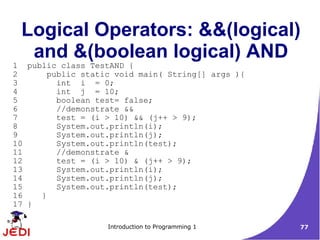Logical Operators: &&(logical)
  and &(boolean logical) AND
1 public class TestAND {
2     public static void main( String[] args ){
3       int i = 0;
4       int j = 10;
5       boolean test= false;
6       //demonstrate &&
7       test = (i > 10) && (j++ > 9);
8       System.out.println(i);
9       System.out.println(j);
10      System.out.println(test);
11      //demonstrate &
12      test = (i > 10) & (j++ > 9);
13      System.out.println(i);
14      System.out.println(j);
15      System.out.println(test);
16   }
17 }

                   Introduction to Programming 1   77
 