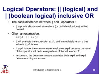 Logical Operators: || (logical) and
 | (boolean logical) inclusive OR
  ●   The basic difference between || and I operators :
       –   || supports short-circuit evaluations (or partial evaluations), while |
           doesn't.
  ●   Given an expression:
         exp1 || exp2
       –   || will evaluate the expression exp1, and immediately return a true
           value is exp1 is true
       –   If exp1 is true, the operator never evaluates exp2 because the result
           of the operator will be true regardless of the value of exp2.
       –   In contrast, the | operator always evaluates both exp1 and exp2
           before returning an answer.



                            Introduction to Programming 1                            80
 