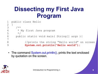 Dissecting my First Java
              Program
1   public class Hello
2   {
3      /**
4       * My first Java program
5       */
6      public static void main( String[] args ){
7
8             //prints the string “Hello world” on screen
9             System.out.println(“Hello world”);

●   The command System.out.println(), prints the text enclosed
    by quotation on the screen.



                    Introduction to Programming 1                9
 