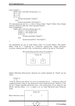 JAVA програмчлал
Class Compint {
Public strtic void main (string args [ ] ) {
Int x= 33;
Int y=33;
If ( x==y)
System.out.println (“Equal”);
Else
System.out.println (“Not Equal”);
Энэ програмын үр дүн нь х, у хоёул тэнцүү учраас “Equal” байна. Одоо Integer
классын объектыг ашиглаж ижил програм бичьев
Class CompInteger {
Public static void main (String args [ ]){
Integer x= new Integer (33);
Integer y= new Integer (33);
If (x==y)
System.out.println (“Equal”);
Else
System.out.println (“ Not Equal”);
}
Энэ програмын үр дүн нь хоёр объект хоёул 33 утгатай байхад “Not Equal”
байна. Учир нь == оператор нь 2 объектыг харьцуулдаг. Харин объектын
утгуудыг харьцуулдаггүй, х бау нь объектууд, тиймээс үр дүн нь “Not Equal”.
Ялгаатай объектуудын хувьд ой хувиргалт
Санах ой
х у
33 33
Дараах байдлаар объектуудыг зарласан үед дээрхи програм нь “Equal” үр дүн
гарна.
Integer y;
y = x;
Учир нь зөвхөн ганц объект 33 гэсэн утгатайгаар үүссэн. у объектод санах ой
хувиарлагдахгүй учир нь энд байгуулагч метод ашиглагдахгүй. Тиймээс у бол
зүгээр л Integer төрлийн объектын заалт, гэвч одоохондоо энэ нь ямар нэг зөв
объект заахгүй байна. у=х –н дараа у нь х-н зааж байгаатай адил объектыг
заана.
Ижил объектыг заах хувьсагчдын санах ой хувиарлалт
Санах ой
х у
-20-
С.Ууганбаяр33
 