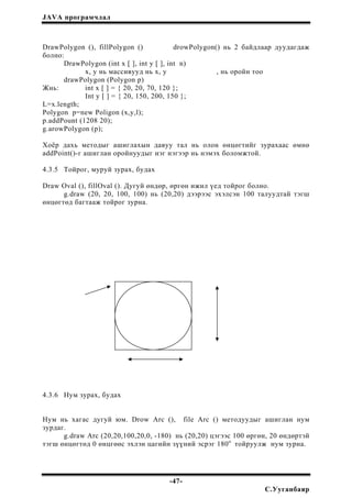 JAVA програмчлал
DrawPolygon (), fillPolygon () drowPolygon() нь 2 байдлаар дуудагдаж
болно:
DrawPolygon (int x [ ], int y [ ], int n)
x, y нь массивууд нь x, y , нь оройн тоо
drawPolygon (Polygon p)
Жнь: int x [ ] = { 20, 20, 70, 120 };
Int y [ ] = { 20, 150, 200, 150 };
L=x.length;
Polygon p=new Poligon (x,y,l);
p.addPount (1208 20);
g.arowPolygon (p);
Хоёр дахь методыг ашиглахын давуу тал нь олон өнцөгтийг зурахаас өмнө
addPoint()-г ашиглан оройнуудыг нэг нэгээр нь нэмэх боломжтой.
4.3.5 Тойрог, муруй зурах, будах
Draw Oval (), fillOval (). Дугуй өндөр, өргөн ижил үед тойрог болно.
g.draw (20, 20, 100, 100) нь (20,20) дээрээс эхэлсэн 100 талуудтай тэгш
өнцөгтөд багтааж тойрог зурна.
4.3.6 Нум зурах, будах
Нум нь хагас дугуй юм. Drow Arc (), file Arc () методуудыг ашиглан нум
зурдаг.
g.draw Arc (20,20,100,20,0, -180) нь (20,20) цэгээс 100 өргөн, 20 өндөртэй
тэгш өнцөгтөд 0 өнцгөөс эхлэн цагийн зүүний эсрэг 180о
тойруулж нум зурна.
-47-
С.Ууганбаяр
 