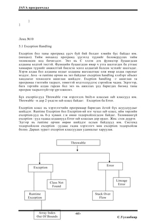 JAVA програмчлал
}
}
Лекц №10
5.1 Exception Handling
Exception бол таны програмд үүсч буй бий болдог хэвийн бус байдал юм.
(нөхцөл) Тийм нөхцөлд програмд үүсэхэд түүнийг боловсруулах тийм
төлөвлөсөн код бичигддэг. Энэ нь С хэлэн дэх функцээр буцаагдсан
алдааны кодтой төстэй. Функцийн буцаагдсан ямар ч утга шалгагдах ба утгаас
хамааран түүнийг амжилттай биелсэн эсвэл алдаатай болсон эсэхийг шалгадаг.
Хэрэв алдаа бол алдааны кодыг алдааны жагсаалтаас олж ямар алдаа гарсныг
мэддэг. Java –н runtime орчин нь энэ байдлыг exception handling хэлбэрт объект
хандлагат технологи ашиглан шийддэг. Excption handling –г ашиглан та
програмаа гэнэтийн тасралт, төвөгтэй мэдээллүүдээс сэргийлж чадна. Эсрэгээр,
бага зэргийн алдаа гарсан бол энэ нь ажиллах үед баригдах бөгөөд таны
програм тасралтгүйгээр үргэлжилнэ.
Бүх exceptio-ууд Throwable гэж нэрлэгдэх bnilt-н классын sub классууд юм.
Throwable –н дор 2 үндсэн sub класс байдаг: Exception ба Error.
Exception класс нь хэрэглэгчийн програмаар баригдах ёстой бүх асуудлуудыг
шийддэг. Runtime Exception бол Exception-ий нэг чухал sub класс, ийм төрлийн
exception-ууд нь 0-д хуваах г.м өмнө тодорхойлогдсон байдаг. Төлөвшөөгүй
exception –ууд гадаад алдаанууд Error sub классын дор ордог. Жнь: стек дүүрэх
Эдгээр нь runtime орчин өөрөө шийддэг ослын байдлууд юм. Системд
тодорхойлсон exception –уудаас гадна хэрэглэгч мөн exception тодорхойлж
болно. Дараах зурагт exception классуудын удамшлыг харуулав.
Throwable
Error
Exception
Runtime
Exception
Class Not
Found
Array Index
Out Of Bounds
Lincage
Error
Stack Over
Flow
-61-
С.Ууганбаяр
 