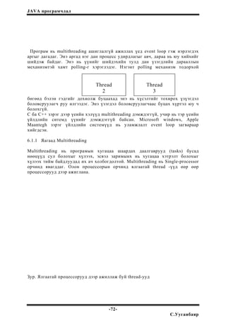 JAVA програмчлал
Програм нь multithreading ашиглалгүй ажиллах үед event loop гэж нэрлэгдэх
аргыг дагадаг. Энэ аргад нэг дан процесс удирдлагыг авч, дараа нь юу хийхийг
шийдэж байдаг. Энэ нь үүнийг шийдэхийн тулд дан үзэгдлийн дарааллын
механизмтэй хамт polling-г хэрэглэдэг. Нэгэнт polling механизм тодорхой
бөгөөд бэлэн гэдгийг дохиолж буцаахад энэ нь хүсэлтийг тохирох үзүэгдэл
боловсруулагч руу илгээдэг. Энэ үзэгдэл боловсруулагчаас буцах хүртэл юу ч
болохгүй.
Thread Thread
2 3
С ба С++ зэрэг дээр үеийн хэлүүд multithreading дэмждэггүй, учир нь тэр үеийн
үйлдлийн ситемд үүнийг дэмждэггүй байсан. Microsoft windows, Apple
Maantegh зэрэг үйлдлийн системүүд нь уламжлалт event loop загвараар
хийгдсэн.
6.1.1 Яагаад Multithreading
Multithreading нь програмын хугацаа шаардах даалгаврууд (tasks) бусад
нөөцүүд сул болохыг хүлээх, эсвэл заримынх нь хугацаа хэтрэлт болохыг
хүлээх тийм байдлуудад их ач холбогдолтой. Multithreading нь Single-processor
орчинд явагддаг. Олон процессорын орчинд ялгаатай thread -үүд өөр өөр
процессорууд дээр ажиглана.
Зур. Ялгаатай процессорууд дээр ажиллаж буй thread-ууд
-72-
С.Ууганбаяр
 