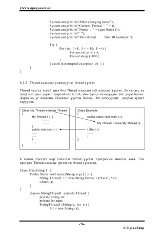 JAVA програмчлал
-76-
С.Ууганбаяр
System.ont.println(“After changing name”);
System.ont.println(“Current Thread : ” + t);
System.ont.println(“Name : ” + t.get Name ());
System.ont.println(“ ”);
System.ont.println(“This thread first 10 numbers ”);
Try {
For (int I =1; I < = 10; I ++) {
System.ont.print (i);
Thread.sleep (1000);
}
} catch (Interrupted exception e) { }
}
}
6.2.2 Thread классаас удамшуулж thread үүсгэх
Thread үүсгэх эхний арга бол Thread классын sub классыг үүсгэх. Энэ класс нь
run() методыг дарж тодорхойлох ёстой, мөн бусад методуудыг бас дарж болно.
Дараа нь уг классын объектыг үүсгэж болно. Энэ алхмуудыг доорхи зурагт
харуулав.
h тооны тэмдэгт мөр хэвлэдэг thread үүсгэх програмын жишээг авъя. Энэ
програм Thread классыг өргөтгөж thread үүсгэсэн.
Class PrintString 1 {
Public Static void main (String args [ ] ) {
String Thread1 t = new StringThread 1 (“Java”, 50);
t.Start ();
}
}
classes StringThread1 extends Thread {
private String str;
private int num;
StringThread1 (String s, int n ) {
Str = new String (s);
Class My Thread extends Thread
{
My Thread ( ) {
……..
……..
}
public void run () {
…..
…..
}
…..
}
Class Example
tic void main () {
My Thread t=new My Thread ();
….
t ();
……
}
}
{
public sta
t.Star
 