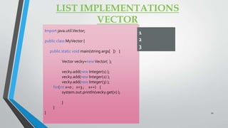 LIST IMPLEMENTATIONS
VECTOR
Import java.util.Vector;
public class MyVector {
public static void main(string args[ ]) {
Vector vecky=newVector( );
vecky.add(new Integer(1) );
vecky.add(new Integer(2) );
vecky.add(new Integer(3) );
for(int x=0 ; x<3 ; x++) {
system.out.println(vecky.get(x) );
}
}
}
1
2
3
20
 