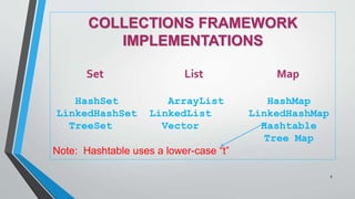 COLLECTIONS FRAMEWORK
IMPLEMENTATIONS
Set List Map
HashSet ArrayList HashMap
LinkedHashSet LinkedList LinkedHashMap
TreeSet Vector Hashtable
Tree Map
Note: Hashtable uses a lower-case “t”
9
 
