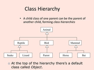 Class Hierarchy
• A child class of one parent can be the parent of
another child, forming class hierarchies
Animal
Reptile Bird Mammal
Snake Lizard Bat
Horse
Parrot
 At the top of the hierarchy there’s a default
class called Object.
 