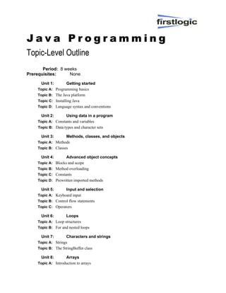 Java Programming
Topic-Level Outline
       Period: 8 weeks
Prerequisites:     None

      Unit 1:          Getting started
    Topic A:    Programming basics
    Topic B:    The Java platform
    Topic C:    Installing Java
    Topic D:    Language syntax and conventions

      Unit 2:         Using data in a program
    Topic A: Constants and variables
    Topic B: Data types and character sets

      Unit 3:         Methods, classes, and objects
    Topic A: Methods
    Topic B: Classes

      Unit 4:         Advanced object concepts
    Topic A: Blocks and scope
    Topic B: Method overloading
    Topic C: Constants
    Topic D: Prewritten imported methods

      Unit 5:      Input and selection
    Topic A: Keyboard input
    Topic B: Control flow statements
    Topic C: Operators

      Unit 6:      Loops
    Topic A: Loop structures
    Topic B: For and nested loops

      Unit 7:      Characters and strings
    Topic A: Strings
    Topic B: The StringBuffer class

      Unit 8:      Arrays
    Topic A: Introduction to arrays
 