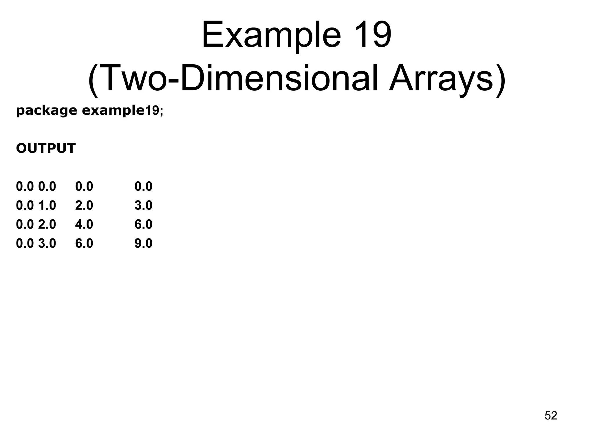 52 Example 19 (Two-Dimensional Arrays) package example19; OUTPUT 0.0 0.0 0.0 0.0 0.0 1.0 2.0 3.0 0.0 2.0 4.0 6.0 0.0 3.0 6.0 9.0 