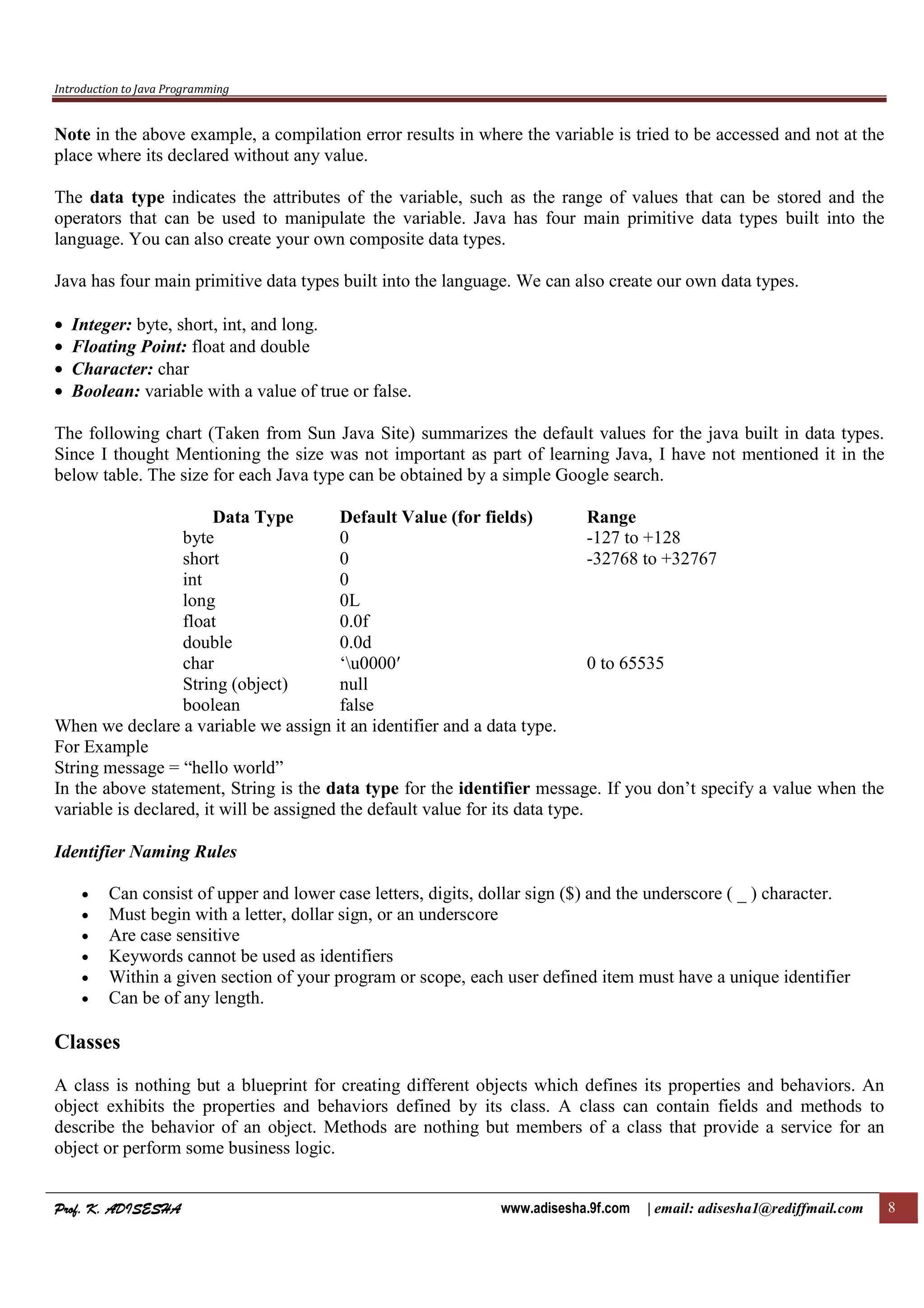 Introduction to Java Programming
Prof. K. ADISESHAProf. K. ADISESHAProf. K. ADISESHAProf. K. ADISESHA www.adisesha.9f.com | email: adisesha1@rediffmail.com 8
Note in the above example, a compilation error results in where the variable is tried to be accessed and not at the
place where its declared without any value.
The data type indicates the attributes of the variable, such as the range of values that can be stored and the
operators that can be used to manipulate the variable. Java has four main primitive data types built into the
language. You can also create your own composite data types.
Java has four main primitive data types built into the language. We can also create our own data types.
• Integer: byte, short, int, and long.
• Floating Point: float and double
• Character: char
• Boolean: variable with a value of true or false.
The following chart (Taken from Sun Java Site) summarizes the default values for the java built in data types.
Since I thought Mentioning the size was not important as part of learning Java, I have not mentioned it in the
below table. The size for each Java type can be obtained by a simple Google search.
Data Type Default Value (for fields) Range
byte 0 -127 to +128
short 0 -32768 to +32767
int 0
long 0L
float 0.0f
double 0.0d
char ‘u0000′ 0 to 65535
String (object) null
boolean false
When we declare a variable we assign it an identifier and a data type.
For Example
String message = “hello world”
In the above statement, String is the data type for the identifier message. If you don’t specify a value when the
variable is declared, it will be assigned the default value for its data type.
Identifier Naming Rules
• Can consist of upper and lower case letters, digits, dollar sign ($) and the underscore ( _ ) character.
• Must begin with a letter, dollar sign, or an underscore
• Are case sensitive
• Keywords cannot be used as identifiers
• Within a given section of your program or scope, each user defined item must have a unique identifier
• Can be of any length.
Classes
A class is nothing but a blueprint for creating different objects which defines its properties and behaviors. An
object exhibits the properties and behaviors defined by its class. A class can contain fields and methods to
describe the behavior of an object. Methods are nothing but members of a class that provide a service for an
object or perform some business logic.
 