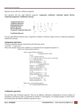 Introduction to Java Programming
Prof. K. ADISESHAProf. K. ADISESHAProf. K. ADISESHAProf. K. ADISESHA www.adisesha.9f.com | email: adisesha1@rediffmail.com 10
Operators in java fall into 8 different categories:
Java operators fall into eight different categories: assignment, arithmetic, relational, logical, bitwise,
compound assignment, conditional, and type.
Assignment Operators =
Arithmetic Operators - + * / % ++ --
Relational Operators > < >= <= == !=
Logical Operators && || & | ! ^
Bit wise Operator & | ^ >> >>>
Compound Assignment Operators += -= *= /= %=
<<= >>= >>>=
Conditional Operator ?:
Java has eight different operator types: assignment, arithmetic, relational, logical, bitwise, compound assignment,
conditional, and type.
Assignment operators
The java assignment operator statement has the following syntax:
<variable> = <expression>
If the value already exists in the variable it is overwritten by the assignment operator (=).
public class AssignmentOperatorsDemo {
public AssignmentOperatorsDemo() {
// Assigning Primitive Values
int j, k;
j = 10; // j gets the value 10.
j = 5; // j gets the value 5. Previous value is overwritten.
k = j; // k gets the value 5.
System.out.println("j is : " + j);
System.out.println("k is : " + k);
// Assigning References
Integer i1 = new Integer("1");
Integer i2 = new Integer("2");
System.out.println("i1 is : " + i1);
System.out.println("i2 is : " + i2);
i1 = i2;
System.out.println("i1 is : " + i1);
System.out.println("i2 is : " + i2);
// Multiple Assignments
k = j = 10; // (k = (j = 10))
System.out.println("j is : " + j);
System.out.println("k is : " + k);
}
public static void main(String args[]) {
new AssignmentOperatorsDemo();
}
}
Arithmetic operators
Java provides eight Arithmetic operators. They are for addition, subtraction, multiplication, division, modulo (or
remainder), increment (or add 1), decrement (or subtract 1), and negation. An example program is shown below
that demonstrates the different arithmetic operators in java.
 