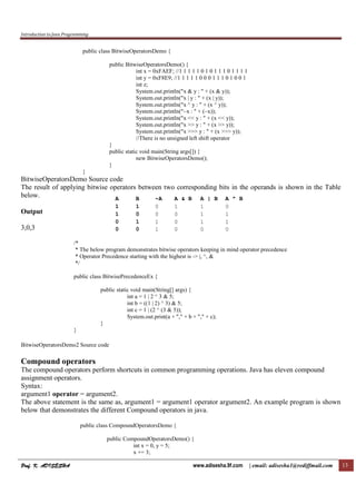 Introduction to Java Programming
Prof. K. ADISESHAProf. K. ADISESHAProf. K. ADISESHAProf. K. ADISESHA www.adisesha.9f.com | email: adisesha1@rediffmail.com 13
public class BitwiseOperatorsDemo {
public BitwiseOperatorsDemo() {
int x = 0xFAEF; //1 1 1 1 1 0 1 0 1 1 1 0 1 1 1 1
int y = 0xF8E9; //1 1 1 1 1 0 0 0 1 1 1 0 1 0 0 1
int z;
System.out.println("x & y : " + (x & y));
System.out.println("x | y : " + (x | y));
System.out.println("x ^ y : " + (x ^ y));
System.out.println("~x : " + (~x));
System.out.println("x << y : " + (x << y));
System.out.println("x >> y : " + (x >> y));
System.out.println("x >>> y : " + (x >>> y));
//There is no unsigned left shift operator
}
public static void main(String args[]) {
new BitwiseOperatorsDemo();
}
}
BitwiseOperatorsDemo Source code
The result of applying bitwise operators between two corresponding bits in the operands is shown in the Table
below.
Output
3,0,3
/*
* The below program demonstrates bitwise operators keeping in mind operator precedence
* Operator Precedence starting with the highest is -> |, ^, &
*/
public class BitwisePrecedenceEx {
public static void main(String[] args) {
int a = 1 | 2 ^ 3 & 5;
int b = ((1 | 2) ^ 3) & 5;
int c = 1 | (2 ^ (3 & 5));
System.out.print(a + "," + b + "," + c);
}
}
BitwiseOperatorsDemo2 Source code
Compound operators
The compound operators perform shortcuts in common programming operations. Java has eleven compound
assignment operators.
Syntax:
argument1 operator = argument2.
The above statement is the same as, argument1 = argument1 operator argument2. An example program is shown
below that demonstrates the different Compound operators in java.
public class CompoundOperatorsDemo {
public CompoundOperatorsDemo() {
int x = 0, y = 5;
x += 3;
A B ~A A & B A | B A ^ B
1 1 0 1 1 0
1 0 0 0 1 1
0 1 1 0 1 1
0 0 1 0 0 0
 